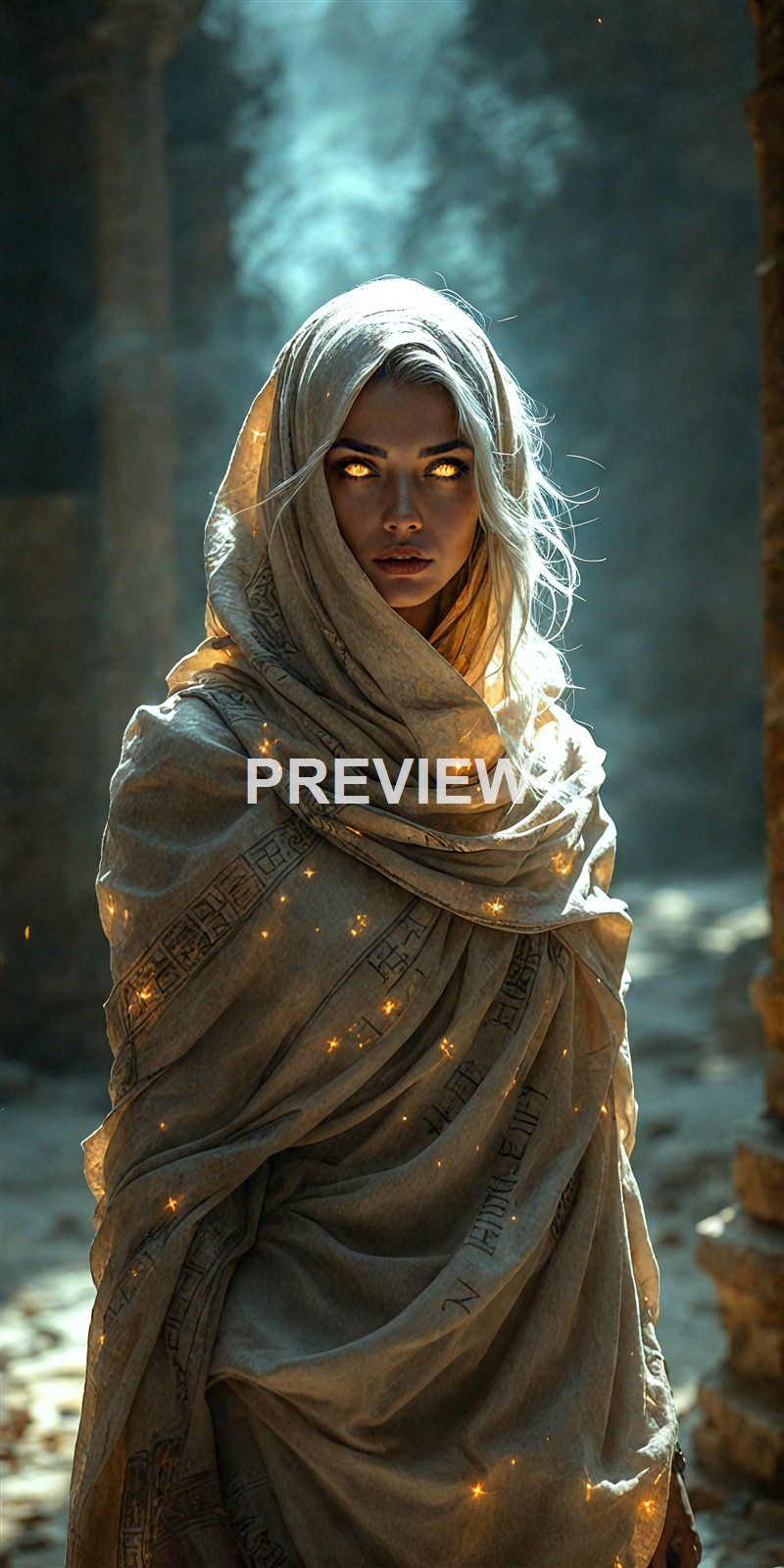 A woman with glowing golden eyes is wrapped in a patterned, beige cloak with mystical sparkles, standing in a misty, ancient-looking stone corridor with light filtering through, creating an otherworldly atmosphere.